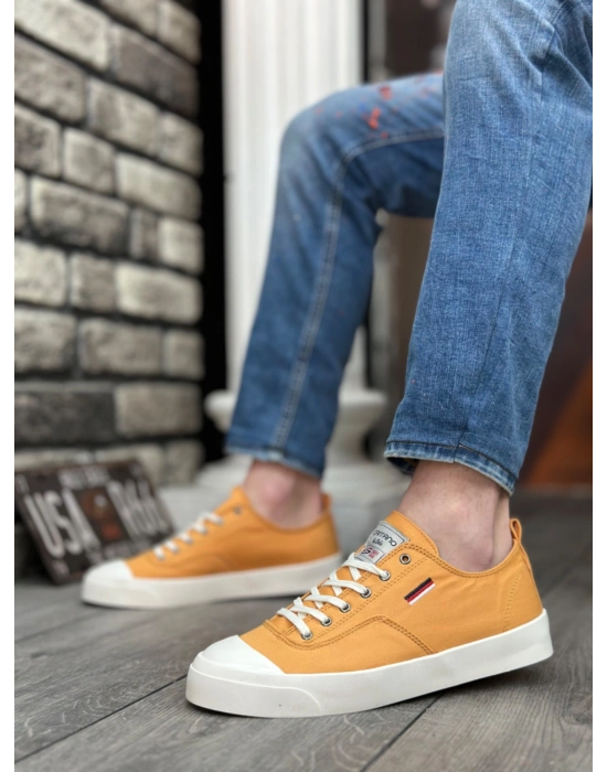 BA0223 BOA Rahat Düz Taban Keten Bağcıklı Sarı Günlük Erkek Ayakkabı