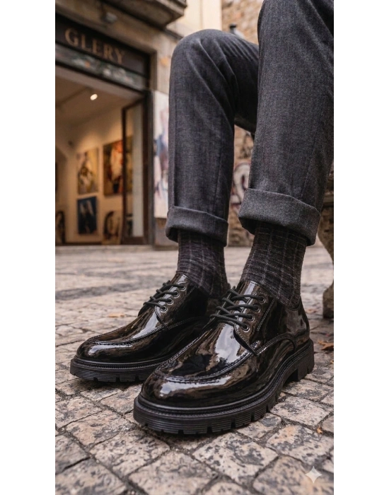 BA0237 Bağcıklı Rugan Klasik Yüksek Taban Casual Erkek Ayakkabı