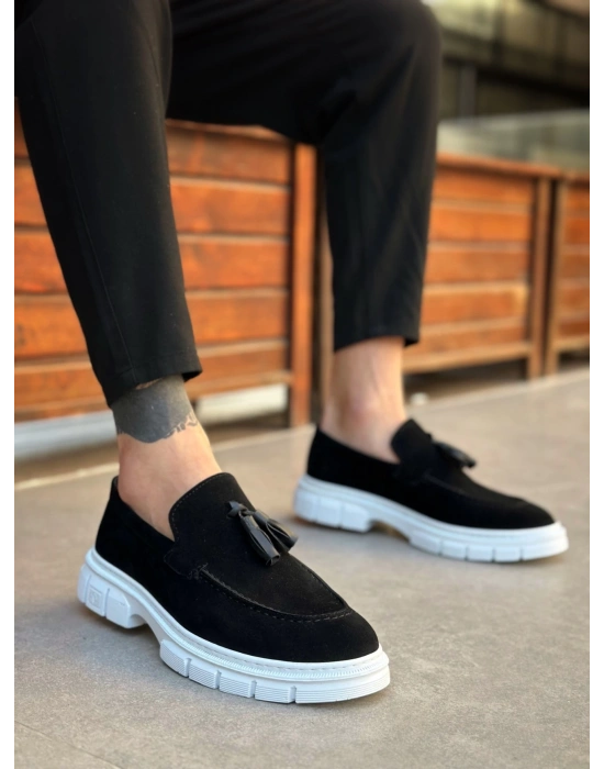 BA0240 Klasik Parlak Püsküllü Süet Siyah Beyaz Taban Erkek Ayakkabı