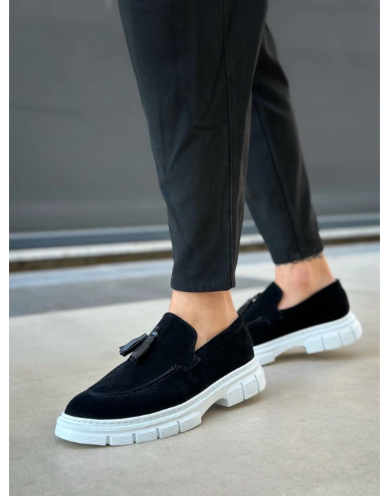 BA0240 Klasik Parlak Püsküllü Süet Siyah Beyaz Taban Erkek Ayakkabı