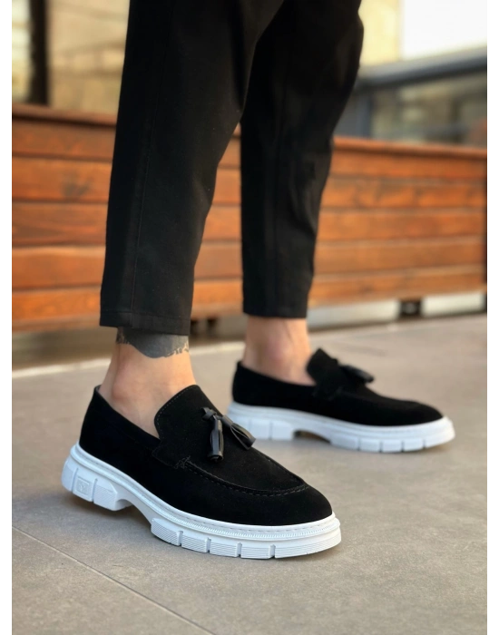 BA0240 Klasik Parlak Püsküllü Süet Siyah Beyaz Taban Erkek Ayakkabı