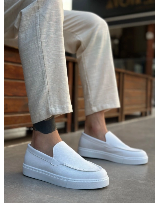 BA0241 Bağcıksız Yüksek Taban Beyaz Cilt Erkek Ayakkabı