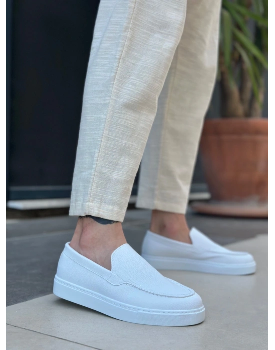 BA0241 Bağcıksız Yüksek Taban Beyaz Cilt Erkek Ayakkabı