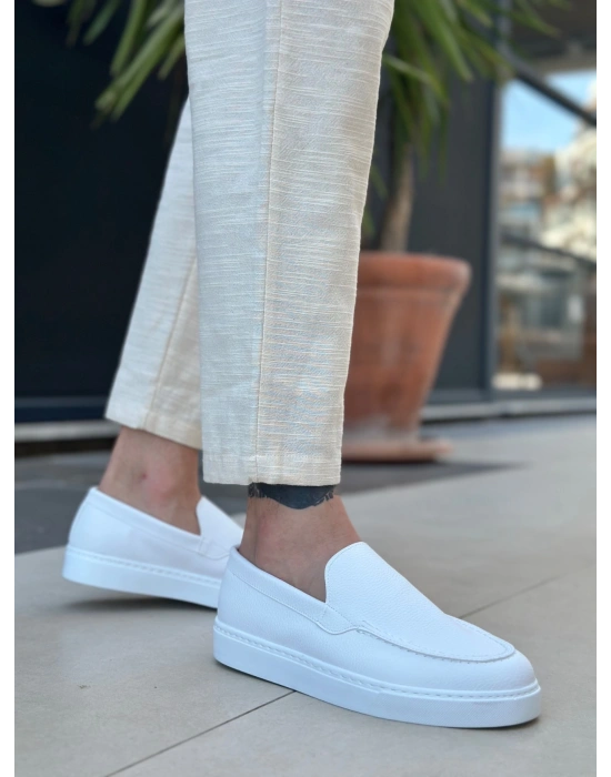 BA0241 Bağcıksız Yüksek Taban Beyaz Cilt Erkek Ayakkabı