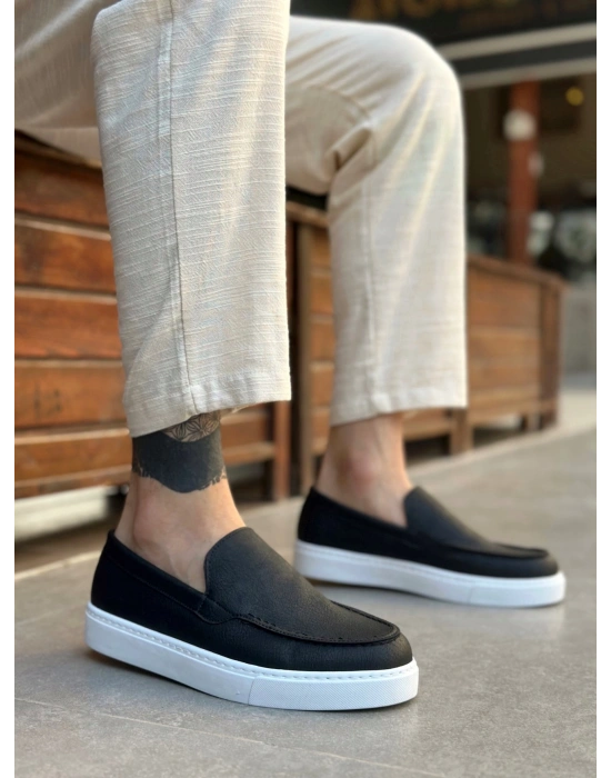 BA0241 Bağcıksız Yüksek Taban Siyah Beyaz Taban Cilt Erkek Ayakkabı