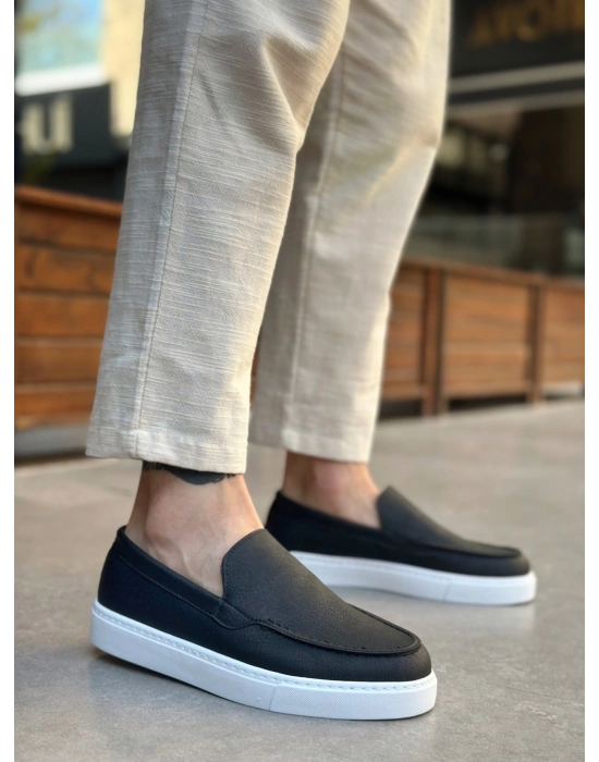 BA0241 Bağcıksız Yüksek Taban Siyah Beyaz Taban Cilt Erkek Ayakkabı