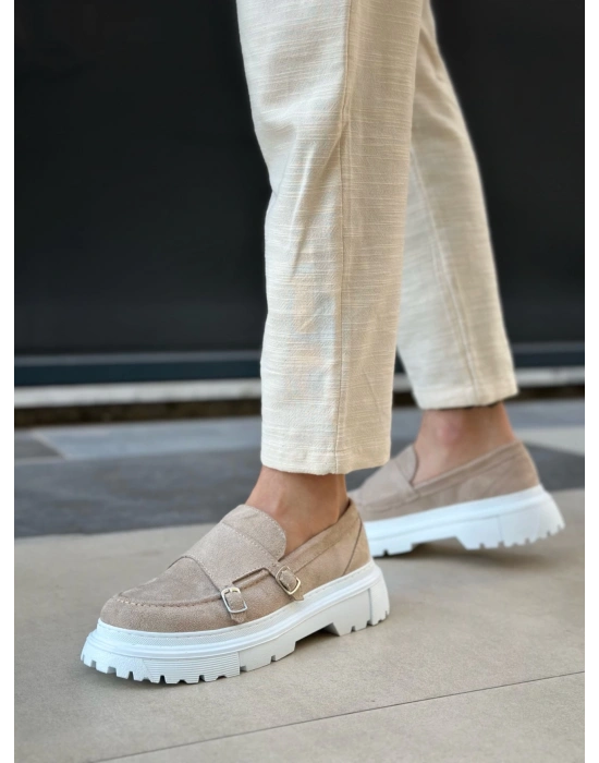 BA0242 Tokalı Klasik Yüksek Taban Krem Süet Erkek Ayakkabı