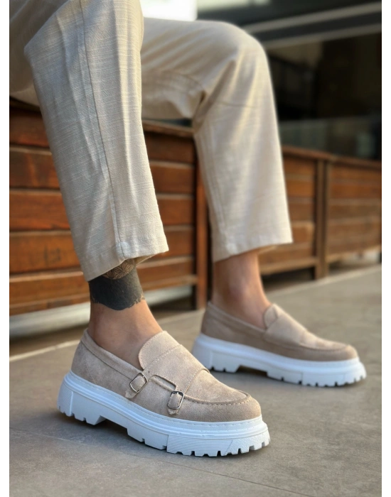 BA0242 Tokalı Klasik Yüksek Taban Krem Süet Erkek Ayakkabı