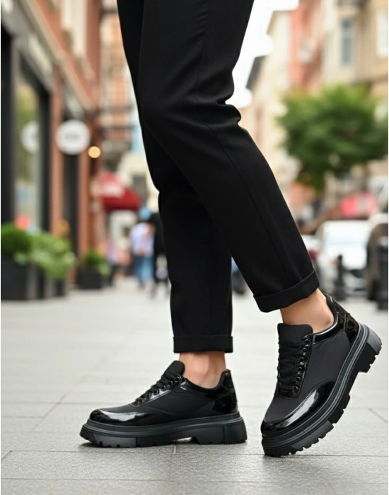 BA0243 Bağcıklı Rugan Paraşüt Detaylı Yüksek Siyah Taban Erkek Ayakkabı