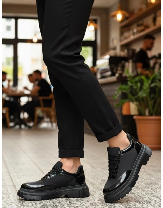 BA0243 Bağcıklı Rugan Paraşüt Detaylı Yüksek Siyah Taban Erkek Ayakkabı