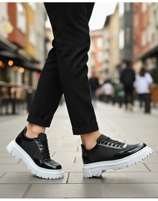 BA0243 Bağcıklı Rugan Paraşüt Detaylı Yüksek Taban Siyah Erkek Ayakkabı