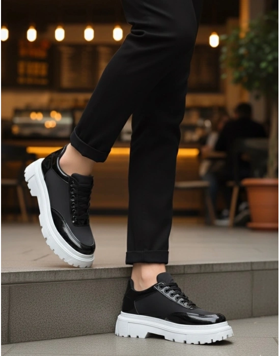 BA0243 Bağcıklı Rugan Paraşüt Detaylı Yüksek Taban Siyah Erkek Ayakkabı