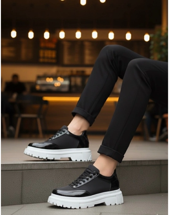 BA0243 Bağcıklı Rugan Paraşüt Detaylı Yüksek Taban Siyah Erkek Ayakkabı