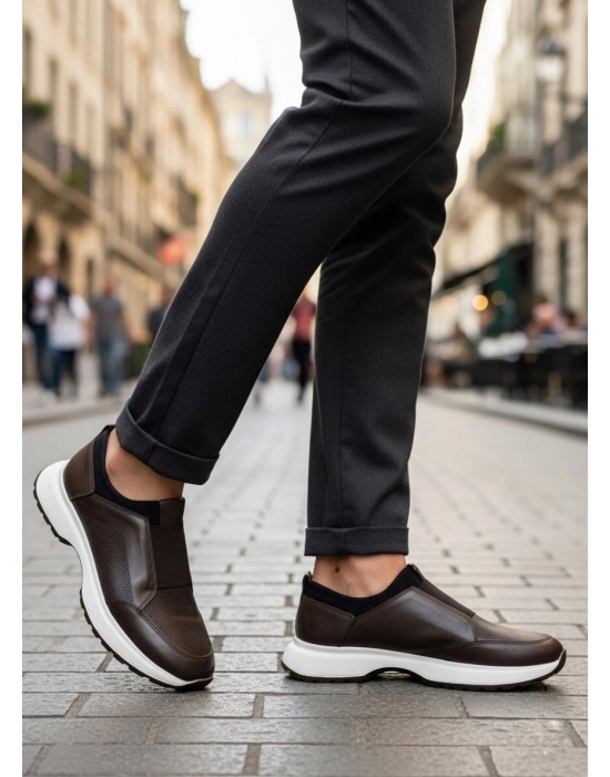 BA0244 İçi Dışı Hakiki Deri Bantlı Rahat Taban Casual Kahverengi Erkek Ayakkabı