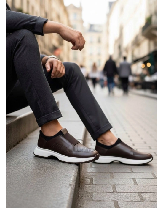 BA0244 İçi Dışı Hakiki Deri Bantlı Rahat Taban Casual Kahverengi Erkek Ayakkabı