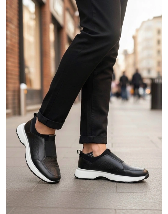 BA0244 İçi Dışı Hakiki Deri Bantlı Rahat Taban Casual Siyah Erkek Ayakkabı