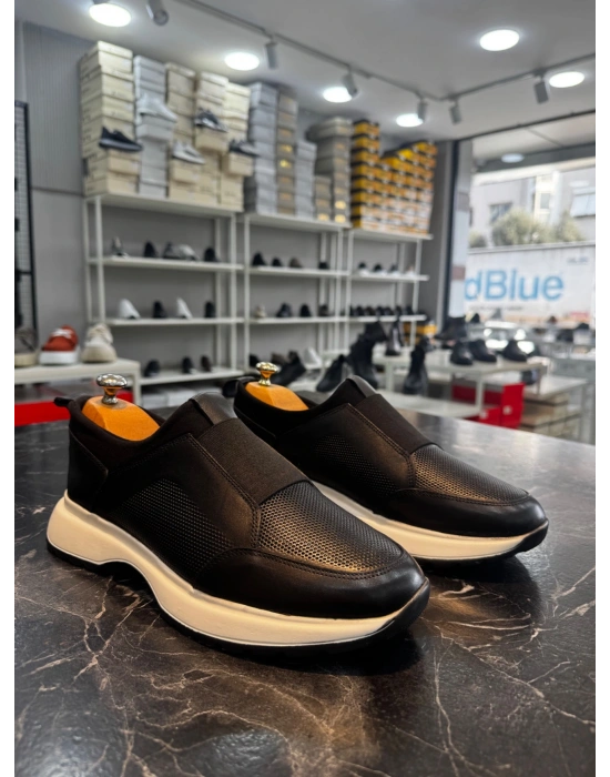 BA0244 İçi Dışı Hakiki Deri Bantlı Rahat Taban Casual Siyah Erkek Ayakkabı