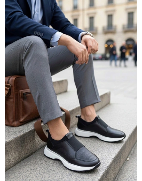 BA0244 İçi Dışı Hakiki Deri Bantlı Rahat Taban Casual Siyah Erkek Ayakkabı