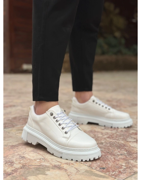 BA0245 Beyaz Akıllı Lastik Bağcık Yüksek Siyah Taban Günlük Erkek Ayakkabı