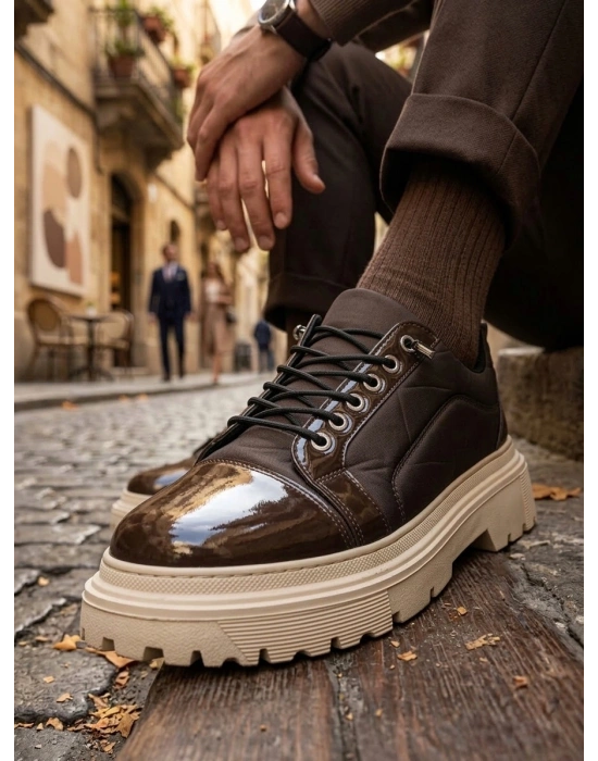 BA0245 Kahverengi Rugan Paraşüt Detaylı Akıllı Lastik Bağcık Yüksek Bej Taban Günlük Erkek Ayakkabı