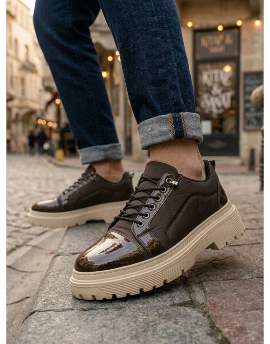 BA0245 Kahverengi Rugan Paraşüt Detaylı Akıllı Lastik Bağcık Yüksek Bej Taban Günlük Erkek Ayakkabı