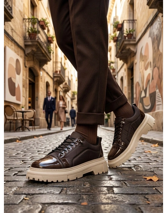 BA0245 Kahverengi Rugan Paraşüt Detaylı Akıllı Lastik Bağcık Yüksek Bej Taban Günlük Erkek Ayakkabı