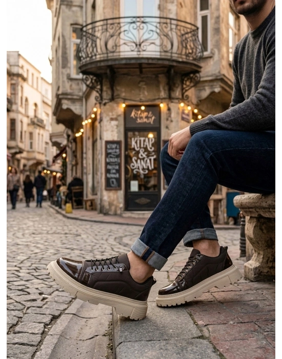 BA0245 Kahverengi Rugan Paraşüt Detaylı Akıllı Lastik Bağcık Yüksek Bej Taban Günlük Erkek Ayakkabı