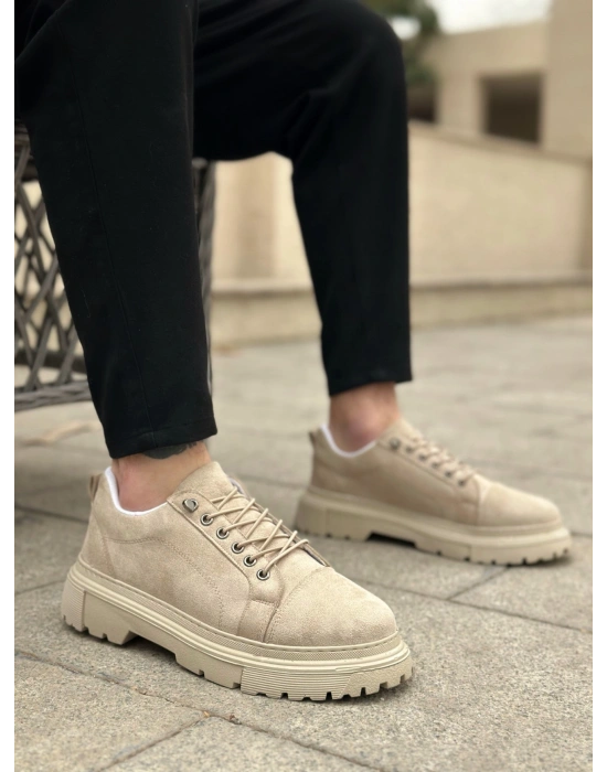 BA0245 Krem Süet Akıllı Lastik Bağcık Yüksek Taban Günlük Erkek Ayakkabı