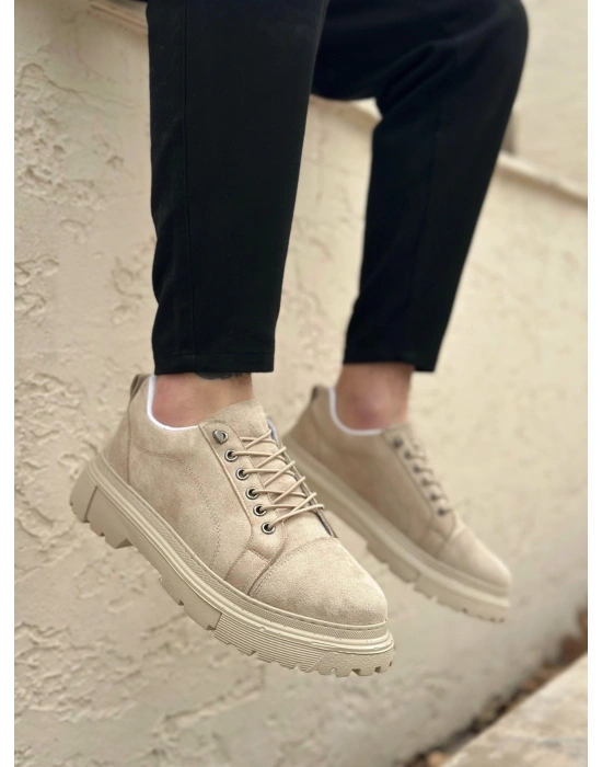 BA0245 Krem Süet Akıllı Lastik Bağcık Yüksek Taban Günlük Erkek Ayakkabı