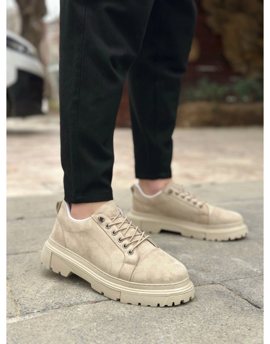 BA0245 Krem Süet Akıllı Lastik Bağcık Yüksek Taban Günlük Erkek Ayakkabı