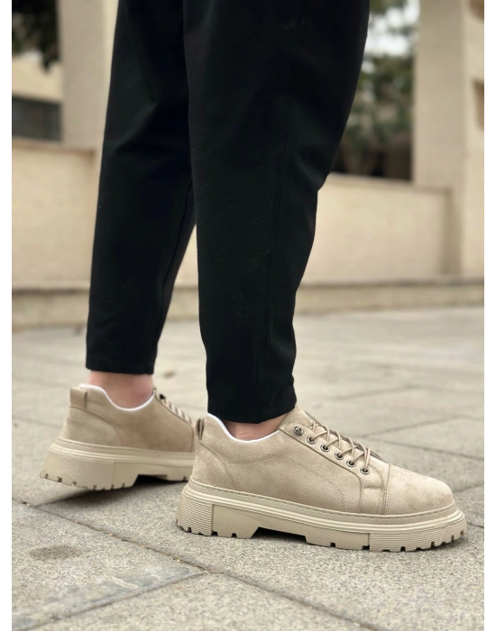 BA0245 Krem Süet Akıllı Lastik Bağcık Yüksek Taban Günlük Erkek Ayakkabı