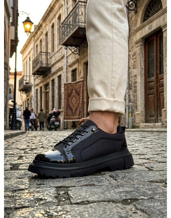 BA0245 Siyah Rugan Paraşüt Detaylı Akıllı Lastik Bağcık Yüksek Taban Günlük Erkek Ayakkabı