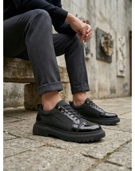 BA0245 Siyah Rugan Paraşüt Detaylı Akıllı Lastik Bağcık Yüksek Taban Günlük Erkek Ayakkabı