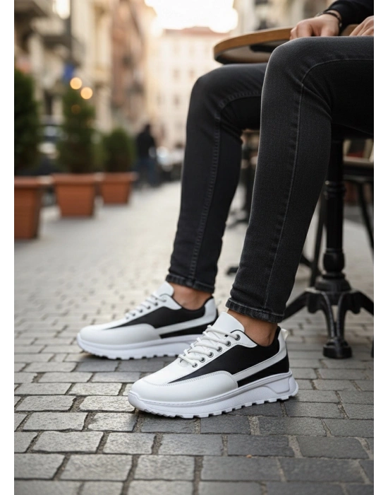 BA0246 Beyaz Siyah Parçalı Bağcıklı Yüksek Taban Günlük Erkek Ayakkabı