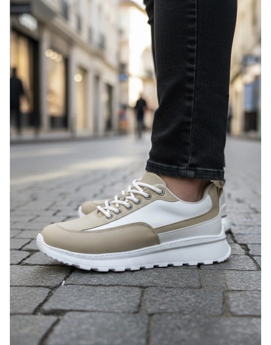 BA0246 Krem Bağcıklı Yüksek Beyaz Taban Günlük Erkek Ayakkabı
