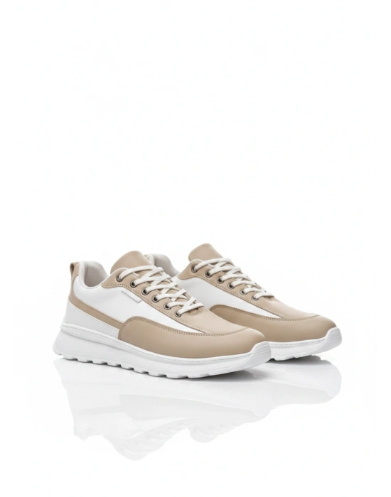 BA0246 Krem Bağcıklı Yüksek Beyaz Taban Günlük Erkek Ayakkabı