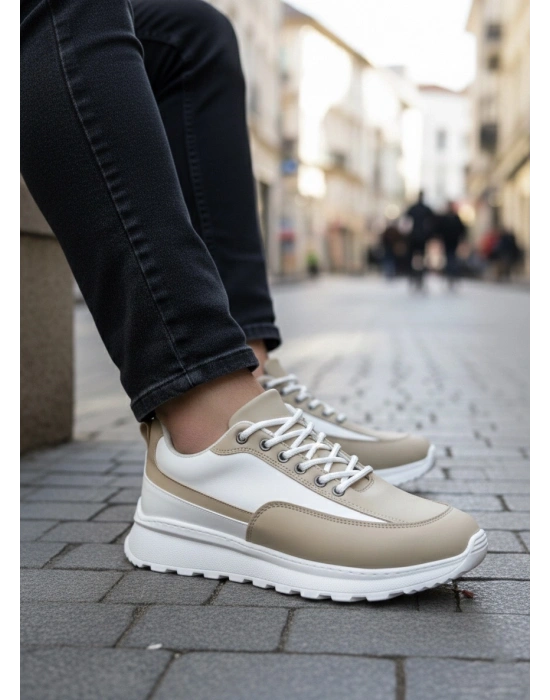 BA0246 Krem Bağcıklı Yüksek Beyaz Taban Günlük Erkek Ayakkabı