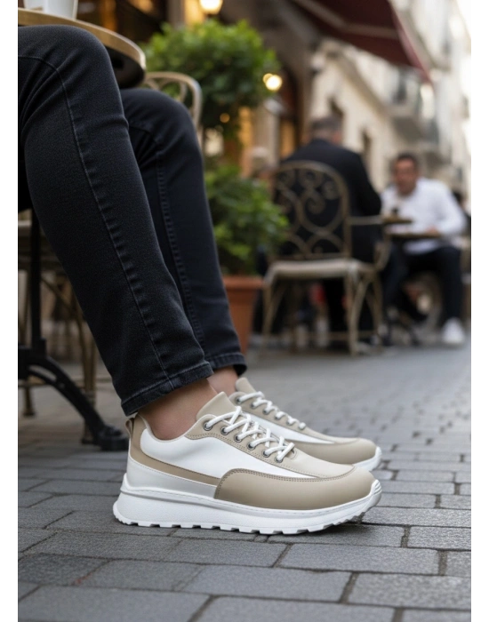 BA0246 Krem Bağcıklı Yüksek Beyaz Taban Günlük Erkek Ayakkabı