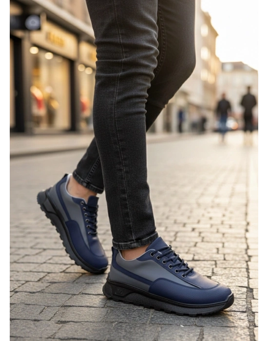 BA0246 Lacivert Gri Parçalı Bağcıklı Yüksek Taban Günlük Erkek Ayakkabı