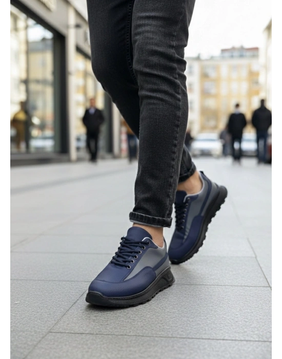 BA0246 Lacivert Gri Parçalı Bağcıklı Yüksek Taban Günlük Erkek Ayakkabı
