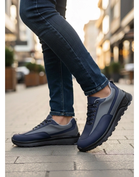BA0246 Lacivert Gri Parçalı Bağcıklı Yüksek Taban Günlük Erkek Ayakkabı