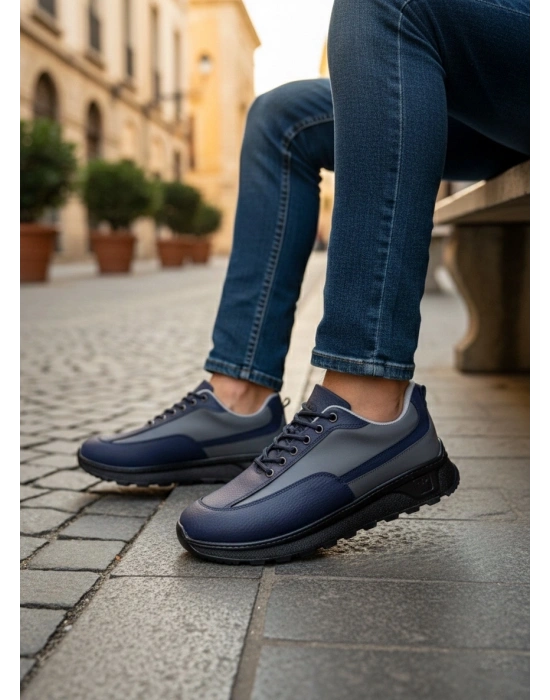 BA0246 Lacivert Gri Parçalı Bağcıklı Yüksek Taban Günlük Erkek Ayakkabı