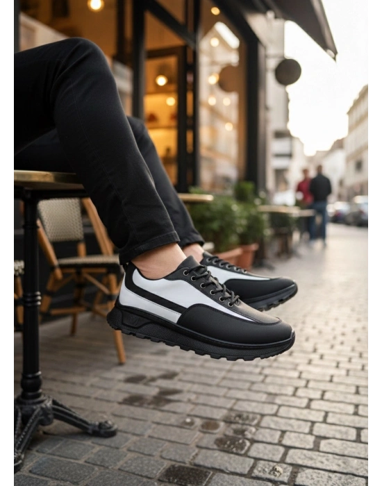 BA0246 Siyah Beyaz Parçalı Bağcıklı Yüksek Taban Günlük Erkek Ayakkabı