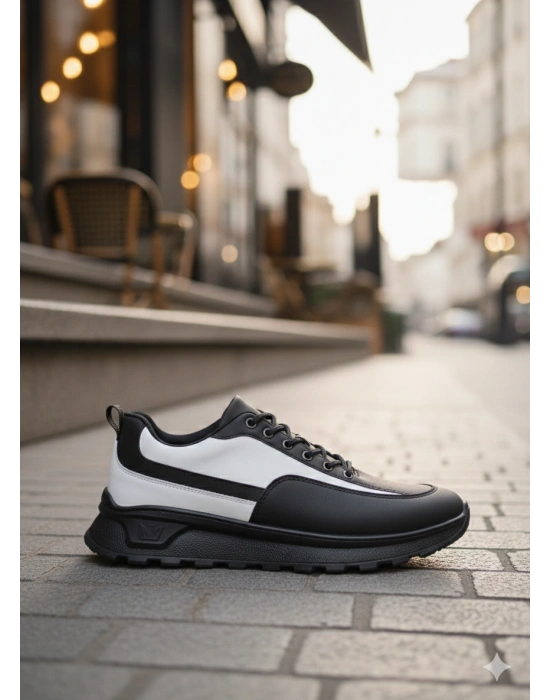 BA0246 Siyah Beyaz Parçalı Bağcıklı Yüksek Taban Günlük Erkek Ayakkabı
