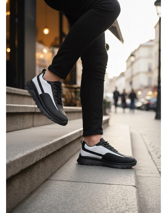 BA0246 Siyah Beyaz Parçalı Bağcıklı Yüksek Taban Günlük Erkek Ayakkabı