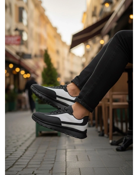 BA0246 Siyah Beyaz Parçalı Bağcıklı Yüksek Taban Günlük Erkek Ayakkabı