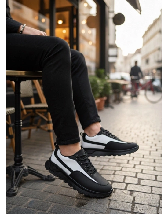 BA0246 Siyah Beyaz Parçalı Bağcıklı Yüksek Taban Günlük Erkek Ayakkabı