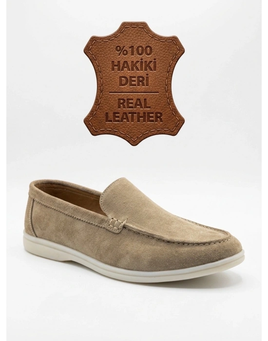 BA0252 %100 İçi Dışı Hakiki Deri Erkek Krem Süet Casual Loafer Termo Taban Ayakkabı