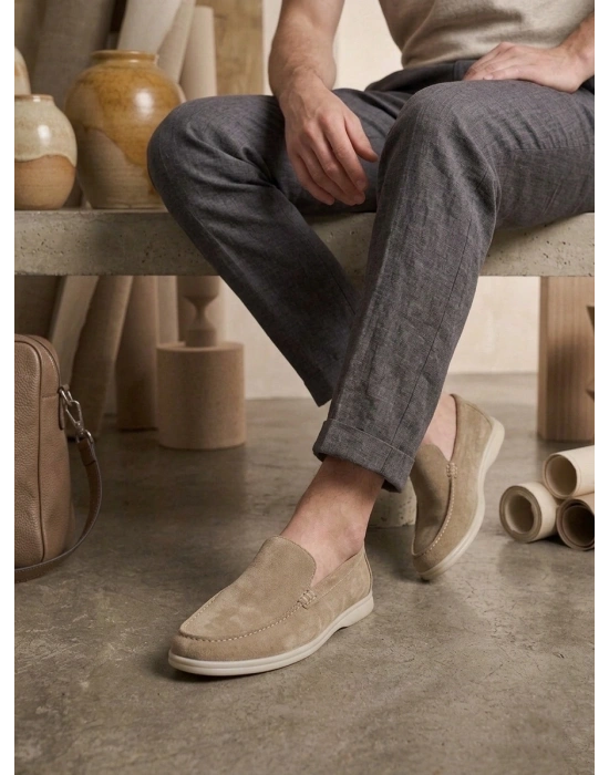BA0252 %100 İçi Dışı Hakiki Deri Erkek Krem Süet Casual Loafer Termo Taban Ayakkabı