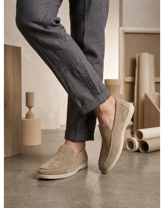 BA0252 %100 İçi Dışı Hakiki Deri Erkek Krem Süet Casual Loafer Termo Taban Ayakkabı